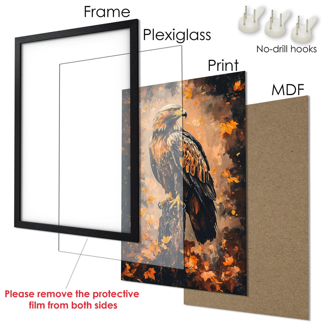 Framed Poster featuring a majestic eagle, painted in a warm, earthy color palette. Perfect wall art for your home!