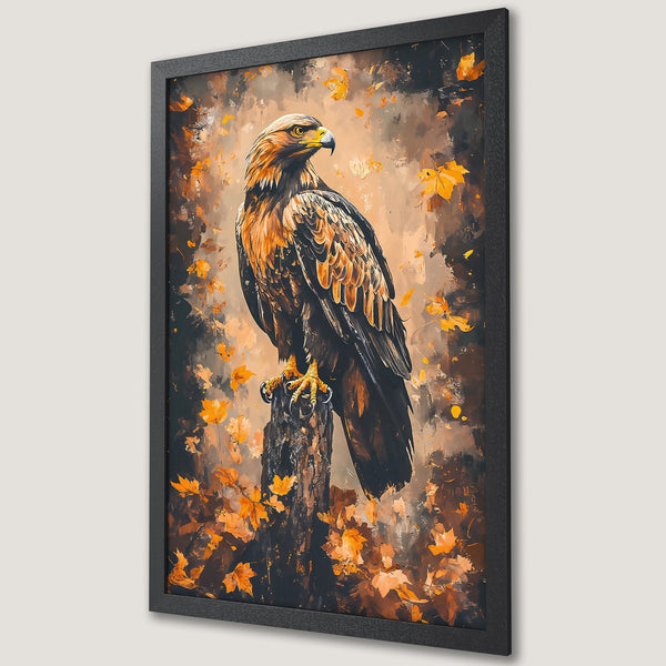 Framed Poster featuring a majestic eagle in autumn colors. Stunning artwork with warm orange and brown tones. Perfect wall art.