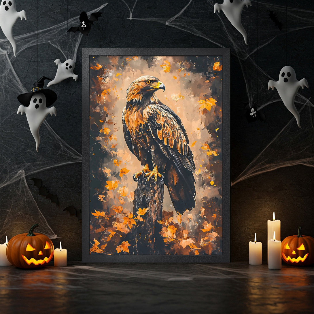 Framed Poster featuring an eagle in a painterly style with warm orange and brown hues. Perfect for Halloween decor!