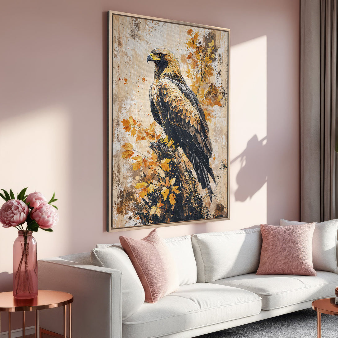Framed Wall Art: Majestic eagle canvas print in warm earth tones. Perfect for adding a touch of nature-inspired elegance to your living room.
