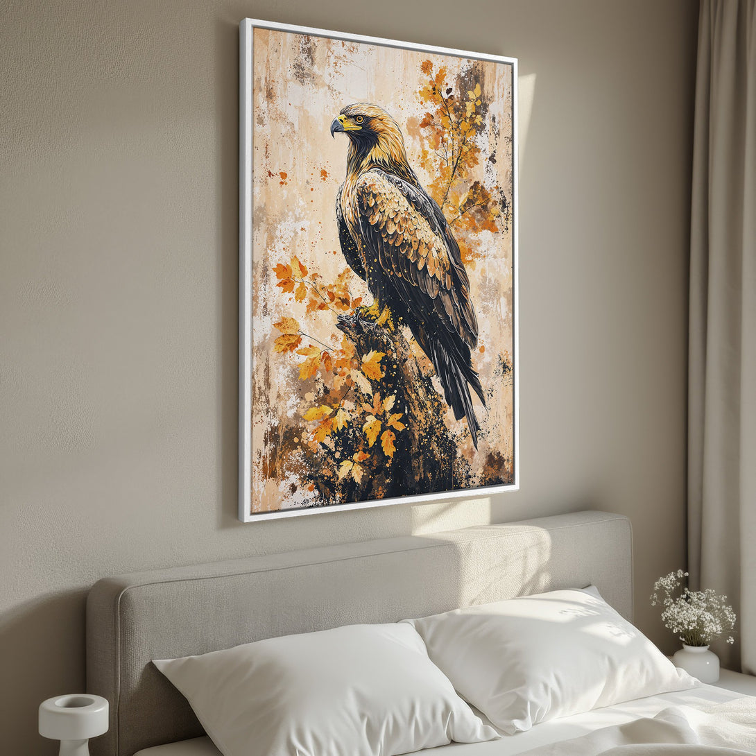 Framed Wall Art: Majestic eagle canvas print with warm, earthy tones. Perfect for adding a touch of nature-inspired art to your bedroom decor.