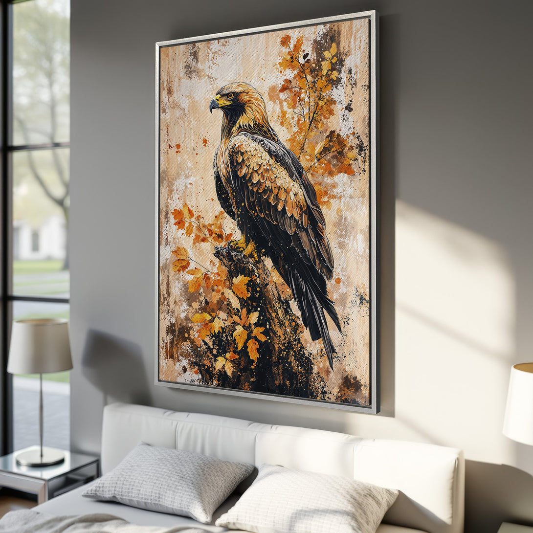 Framed Wall Art featuring a majestic eagle in warm earth tones. Abstract style canvas print adds a touch of nature and elegance to any room.