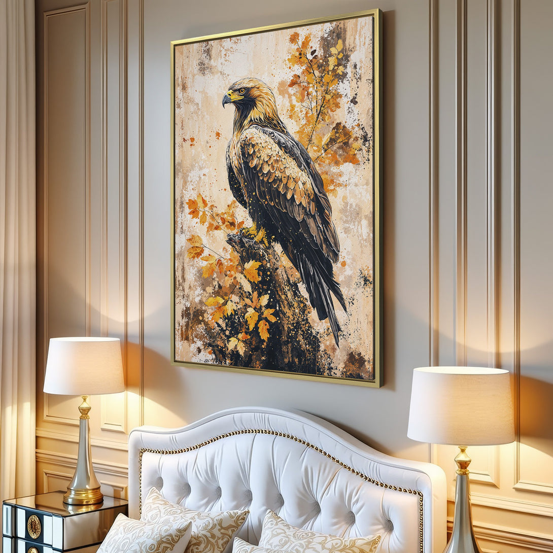Canvas Print of an eagle perched on a branch, featuring warm earth tones and a neutral background, perfect for rustic decor.