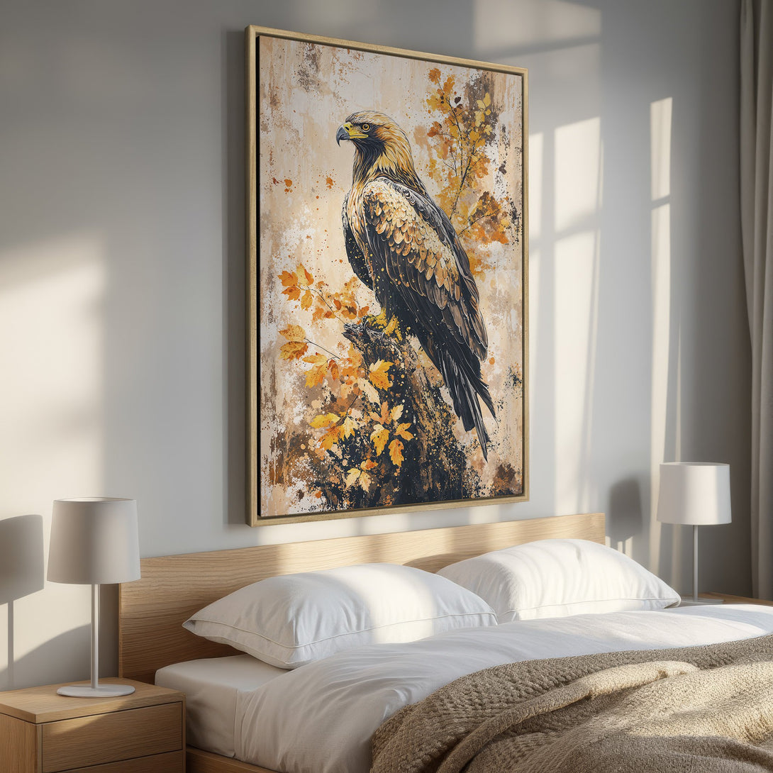 Framed Wall Art: Majestic eagle canvas print in warm earth tones. Perfect for adding a touch of nature and sophistication to your bedroom decor. Shop now!