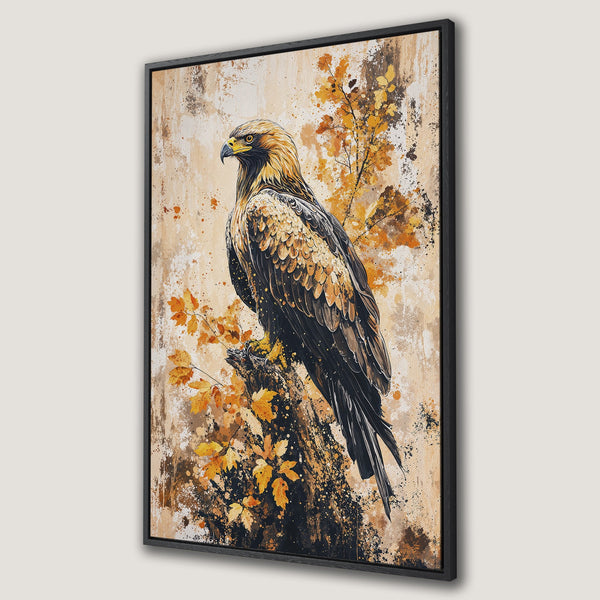 Framed Wall Art featuring a majestic eagle perched on a branch. Artistic style with warm, earthy tones of brown, gold, and black. Perfect wall decor!