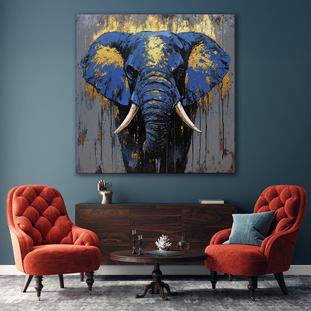 Framed Wall Art: Blue & gold elephant portrait canvas print. Modern abstract art with a luxurious gold frame, perfect for living room decor.