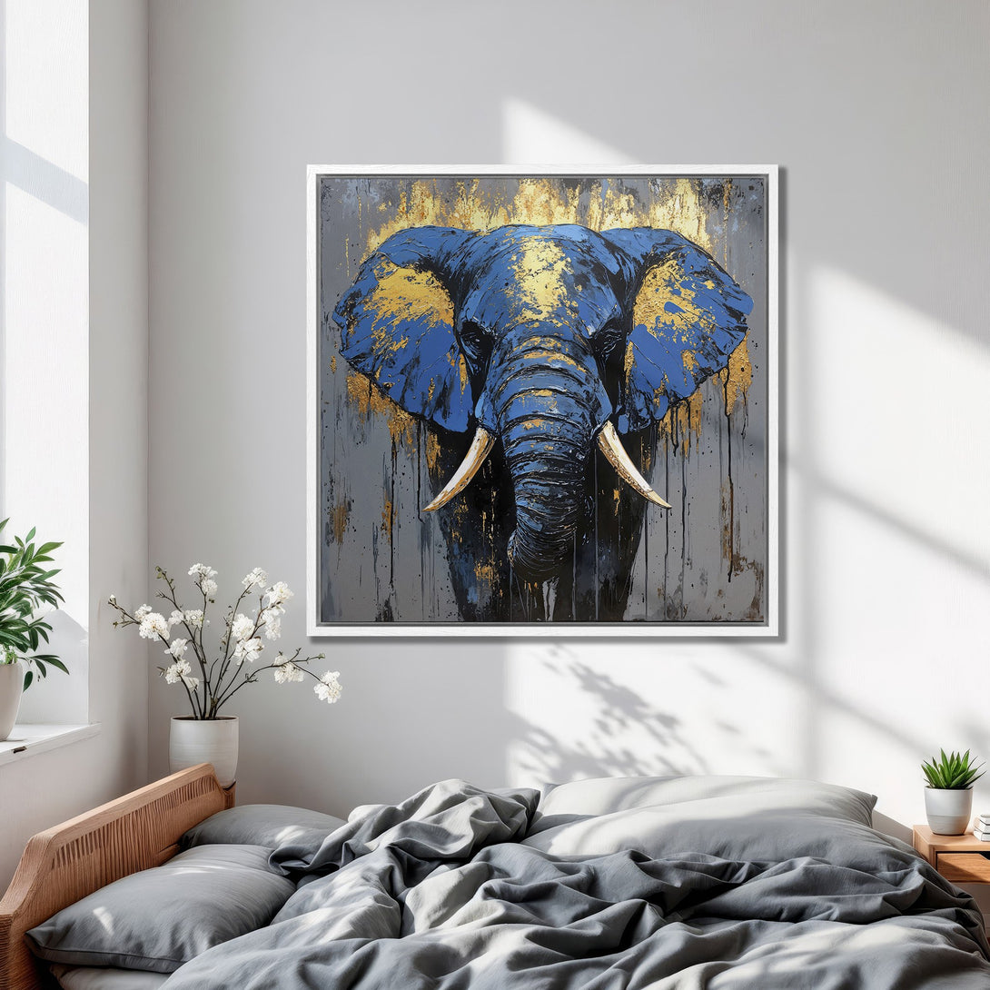 Framed Wall Art: Abstract elephant painting in blue and gold tones. Modern art canvas print adds a stylish touch to any bedroom decor.