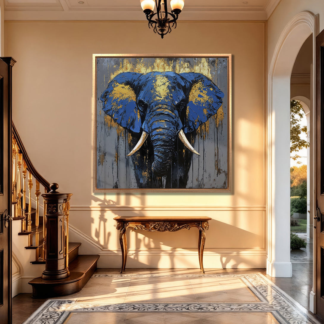 Framed Wall Art: Majestic blue & gold elephant portrait canvas print. Modern abstract style, perfect for luxury home decor. Shop now!