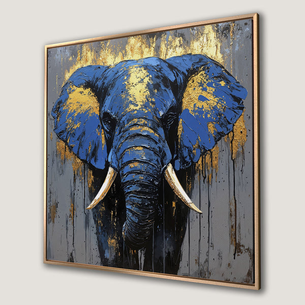 Framed Wall Art: Abstract elephant painting in blue and gold on a gray background. Modern art canvas print adds a touch of luxury.