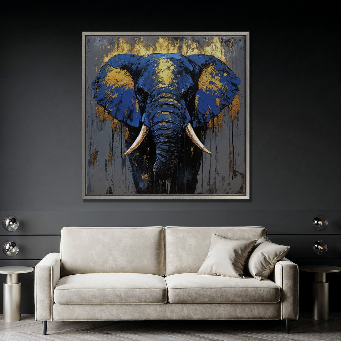 Framed Wall Art: Abstract elephant painting in blue & gold. Modern art style with a dark, dramatic color palette. Perfect for home decor.