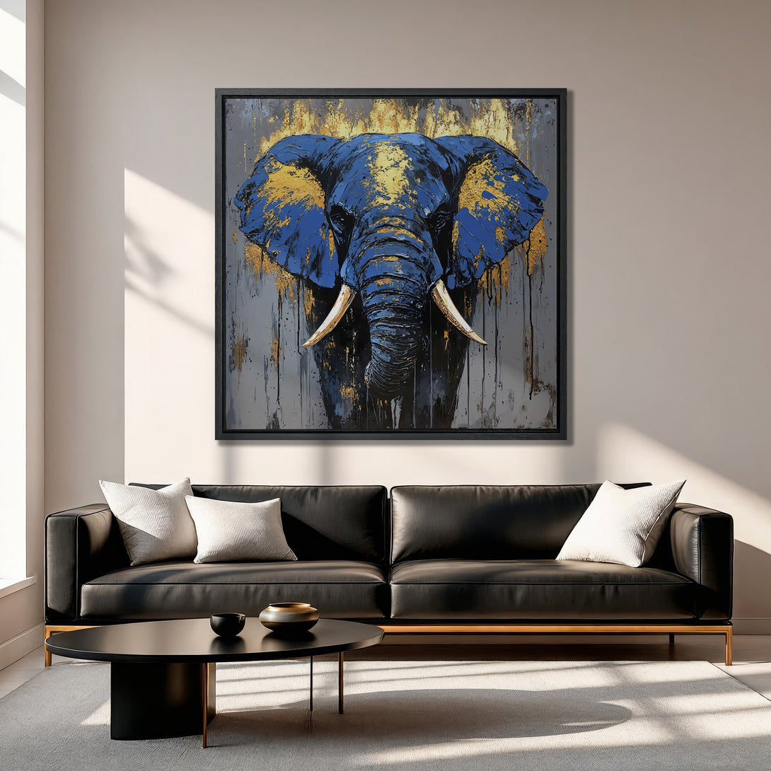 Framed Wall Art: Stunning blue & gold elephant canvas print. Modern abstract style, perfect for living room decor. Adds a touch of luxury and sophistication.