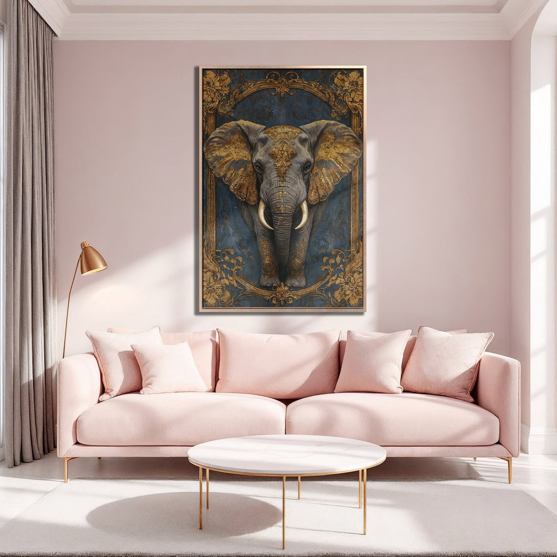 Framed Wall Art: Elegant elephant portrait with gold accents on a blue background. Perfect for modern living rooms. Soft pink and gold color palette.