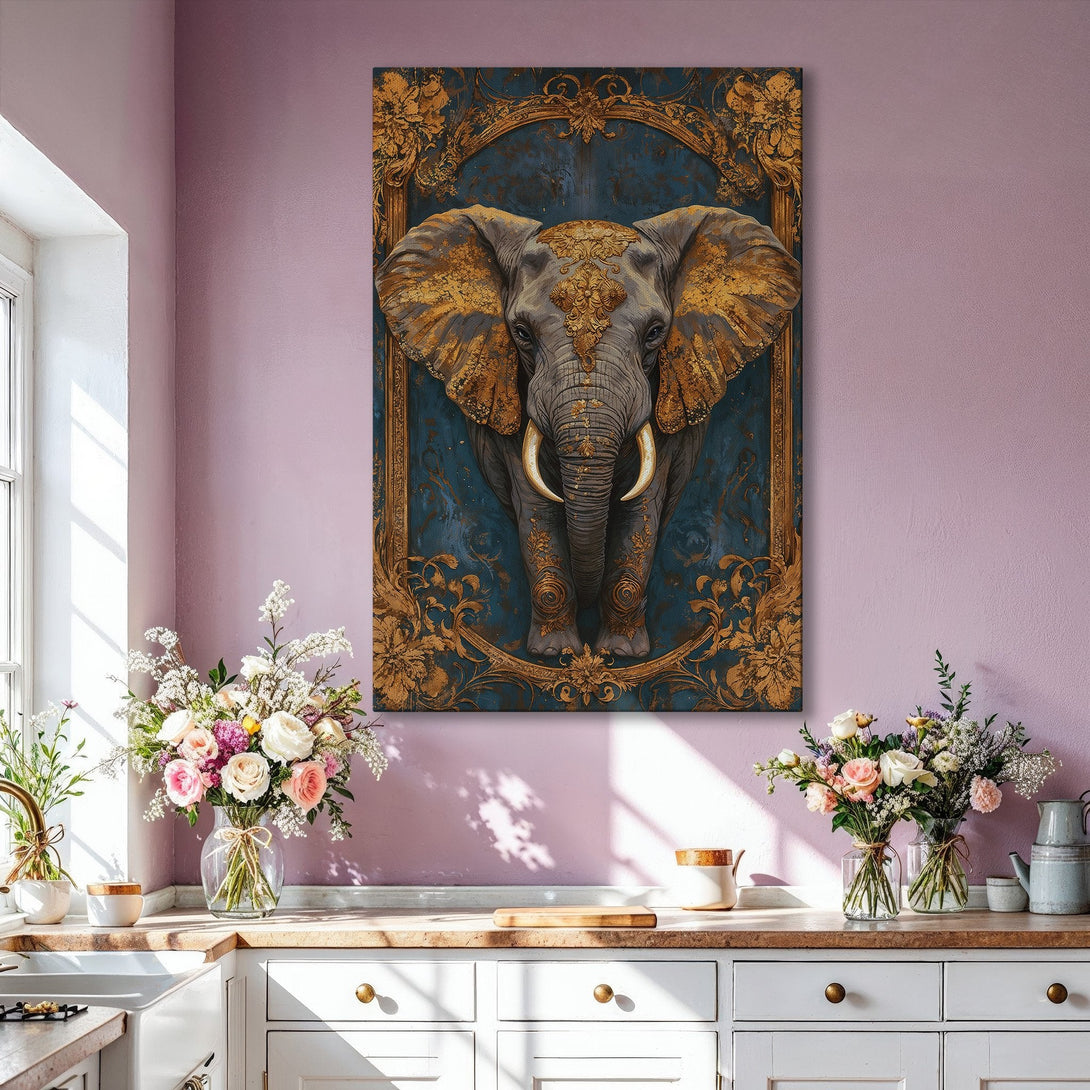 Framed Wall Art: Majestic elephant portrait in ornate gold frame, set against a blue backdrop. Elegant, artistic decor with a gold and blue color palette.
