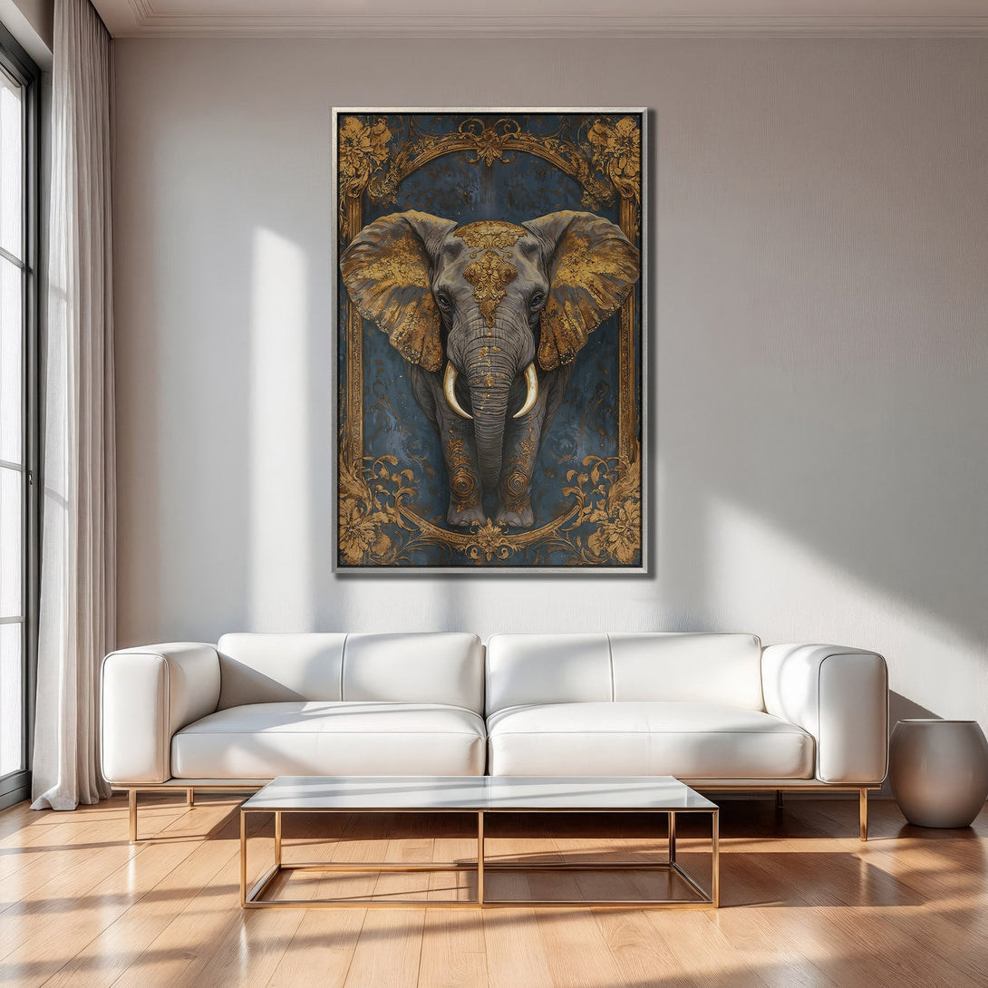 Framed Wall Art featuring an elegant elephant with gold accents on a blue background. Perfect for adding a touch of luxury to your home decor.