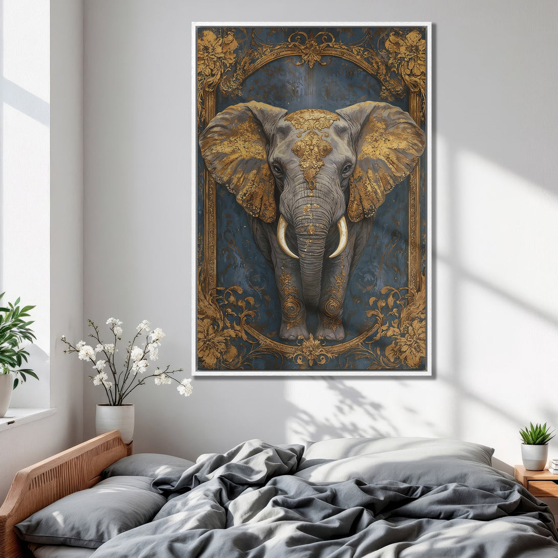 Framed Wall Art: Majestic elephant canvas print in a regal gold and blue color palette. Perfect statement piece for your bedroom decor.