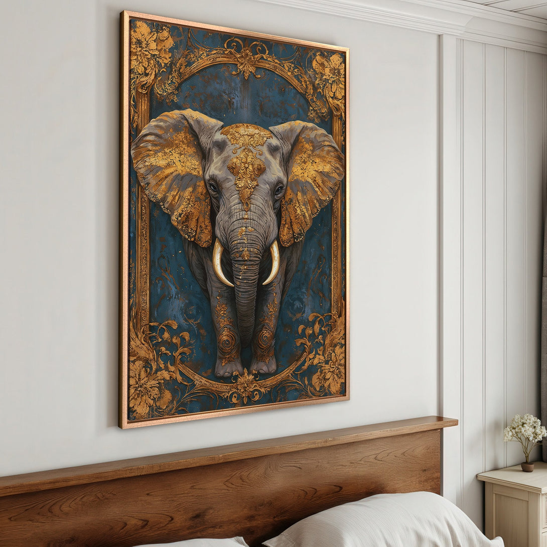 Framed Wall Art: Regal elephant portrait with gold accents on a teal background. Luxurious, detailed art print in a bedroom setting.