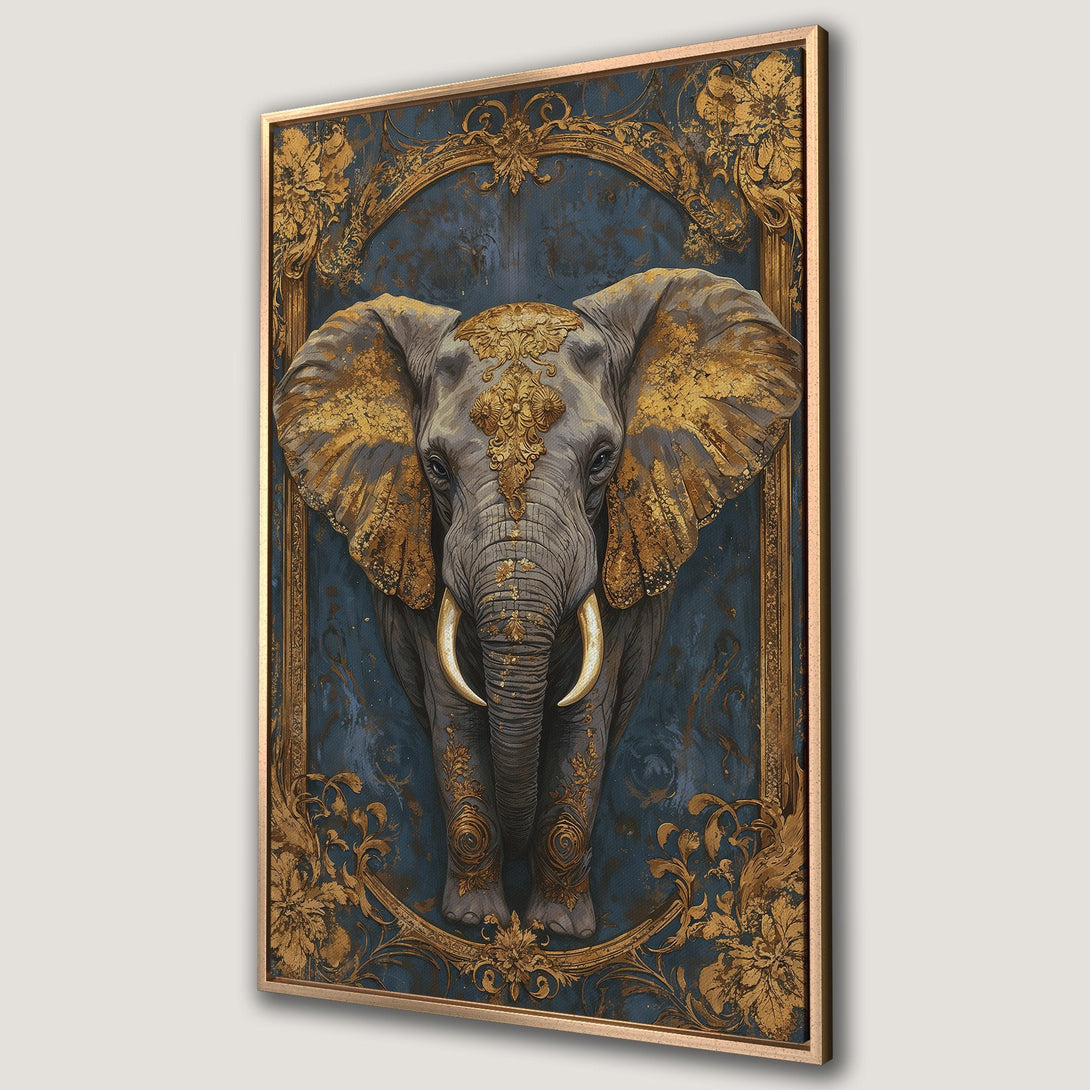 Framed Wall Art: Majestic elephant art print in gold and blue. Regal animal portrait in a vintage, ornate style. Perfect for luxury home decor.