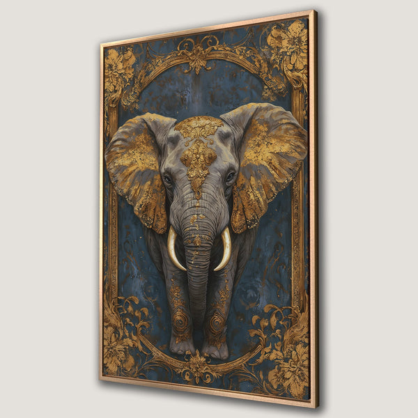 Framed Wall Art: Majestic elephant art print in gold and blue. Regal animal portrait in a vintage, ornate style. Perfect for luxury home decor.