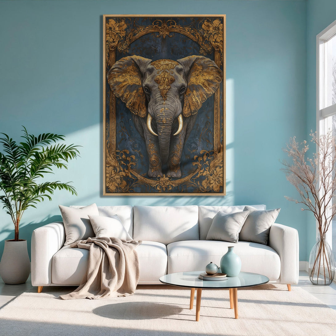Framed Wall Art: Majestic elephant portrait in gold and blue, adding a touch of elegance to any space. Perfect for living rooms!
