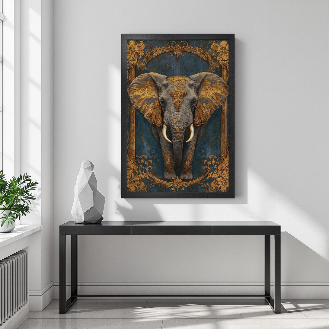 Framed Poster featuring an elegant elephant design in gold and blue. Add a touch of luxury with this stunning wall art!