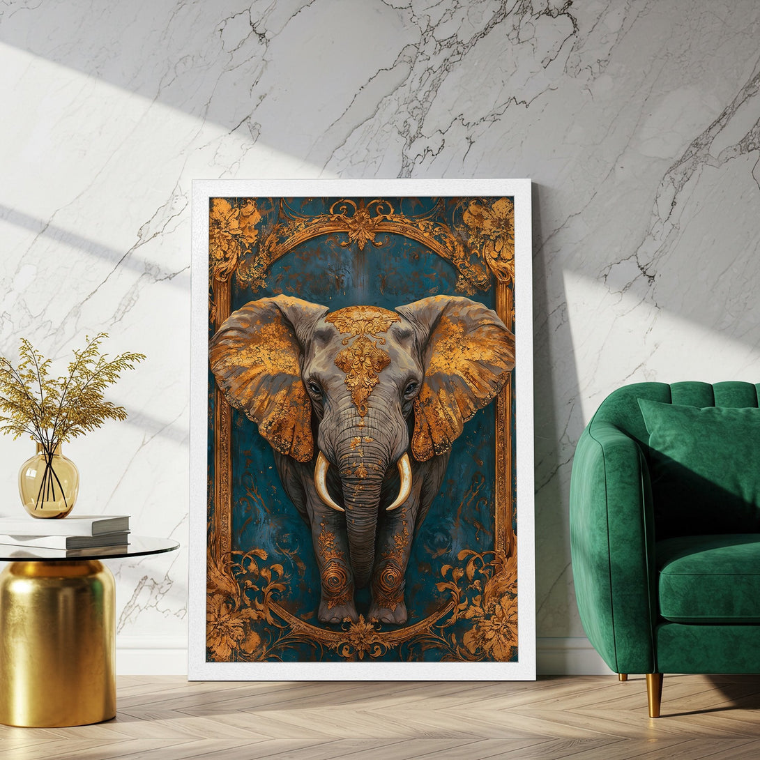 Framed Poster featuring an ornate elephant design in teal and gold. Add a touch of elegance to your space!