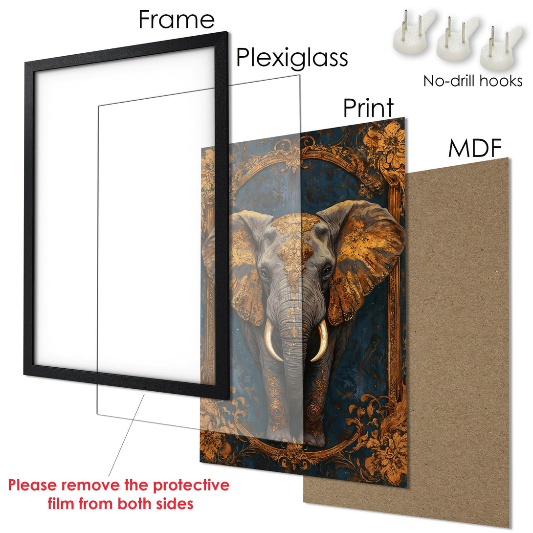 Framed Poster featuring an elephant in a baroque style, with a blue and gold color palette. Add elegance to your space!