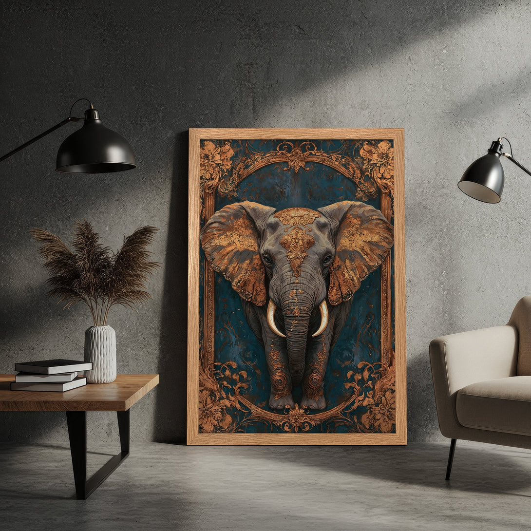 Framed Poster featuring an ornate elephant illustration in teal & gold. Perfect wall art to elevate your home decor.