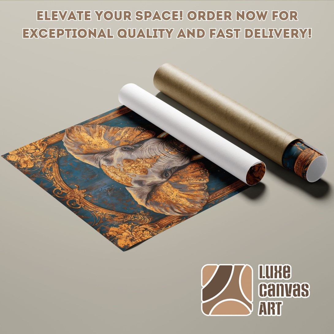 Poster Roll featuring an elephant in an ornate, gold and blue design. Enhance your space with this stunning art piece!