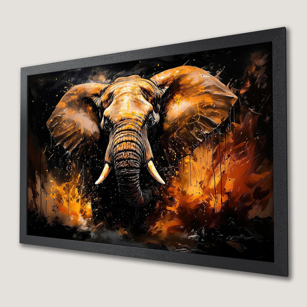 Framed Poster featuring an abstract elephant in fiery orange and black tones. Add a touch of wildlife art to your space!