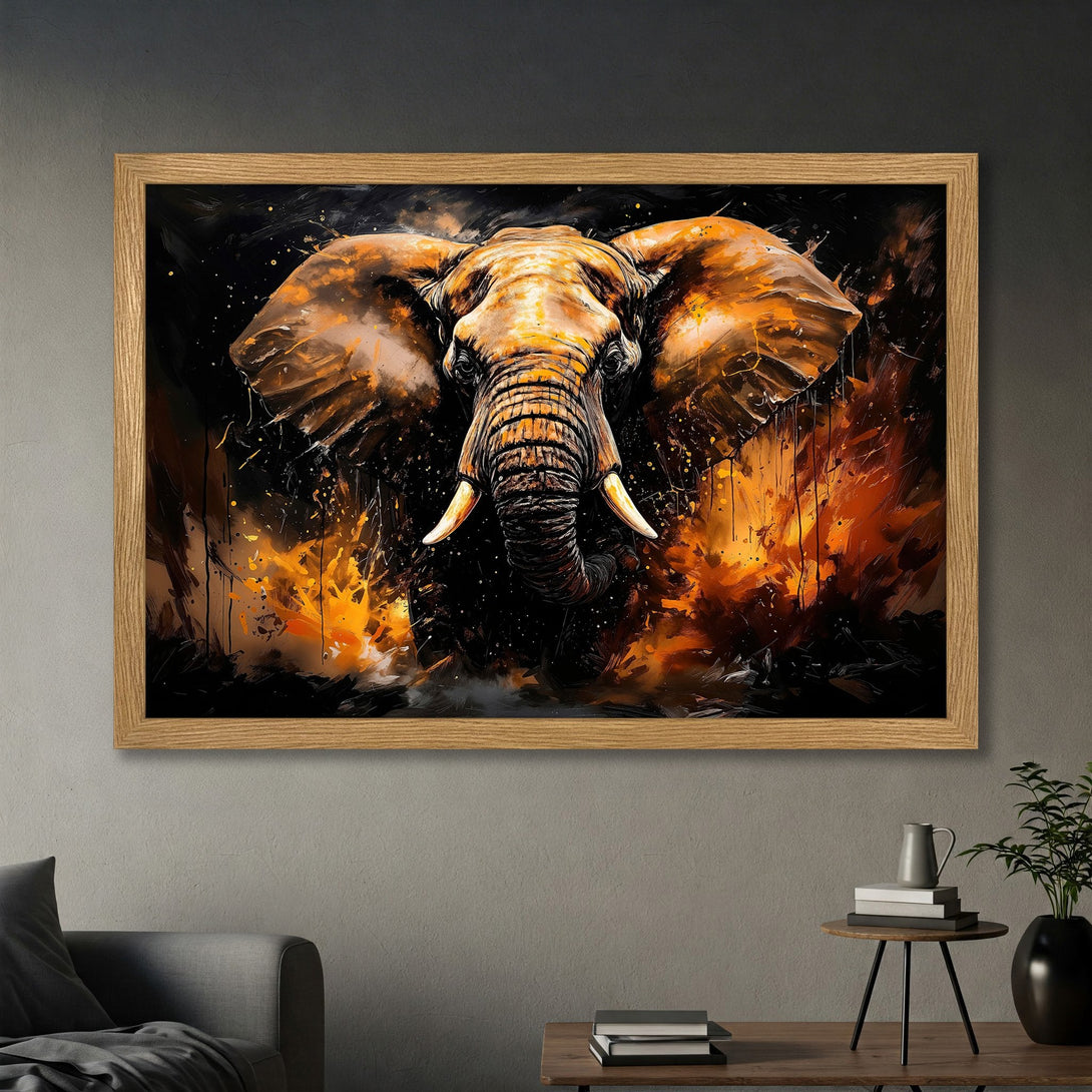Framed Poster featuring an abstract elephant artwork. Bold, artistic style with a warm orange and black color palette. Perfect wall art!