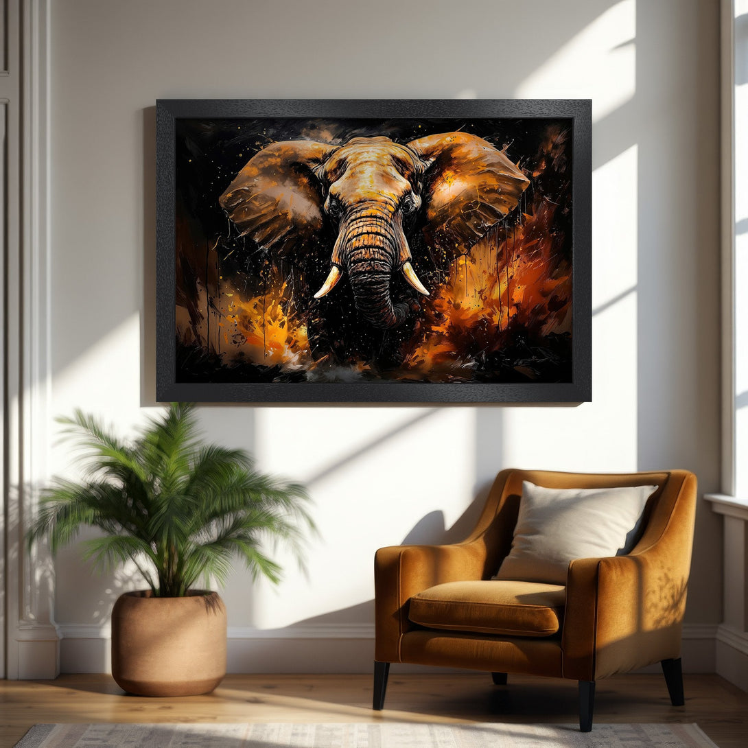 Framed Poster of an elephant in a modern, abstract style with a warm orange and black color palette. Perfect wall art for any room!