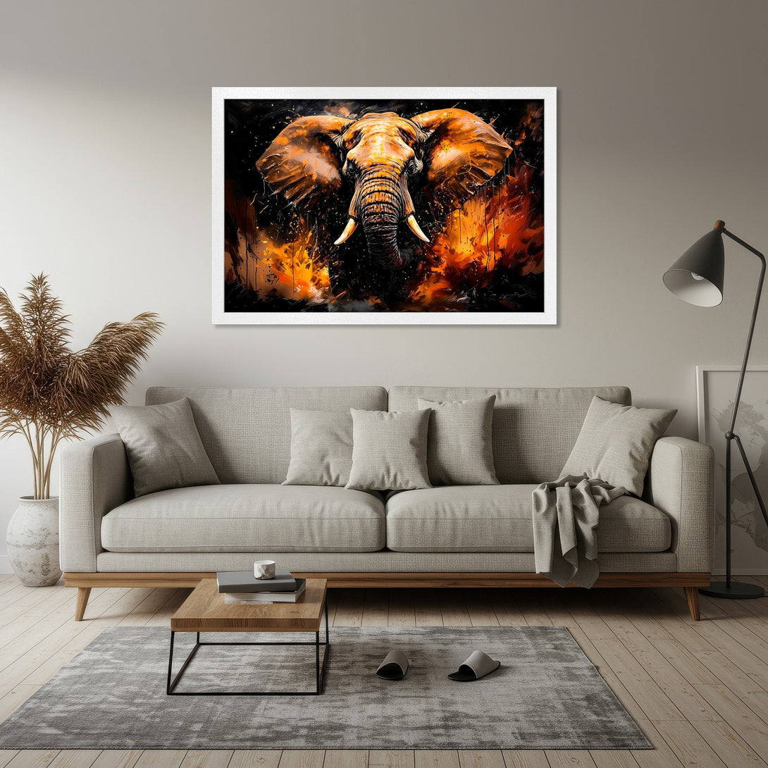 Framed Poster: Abstract elephant art in fiery orange & black, perfect for modern decor. Shop this stunning animal Poster today!