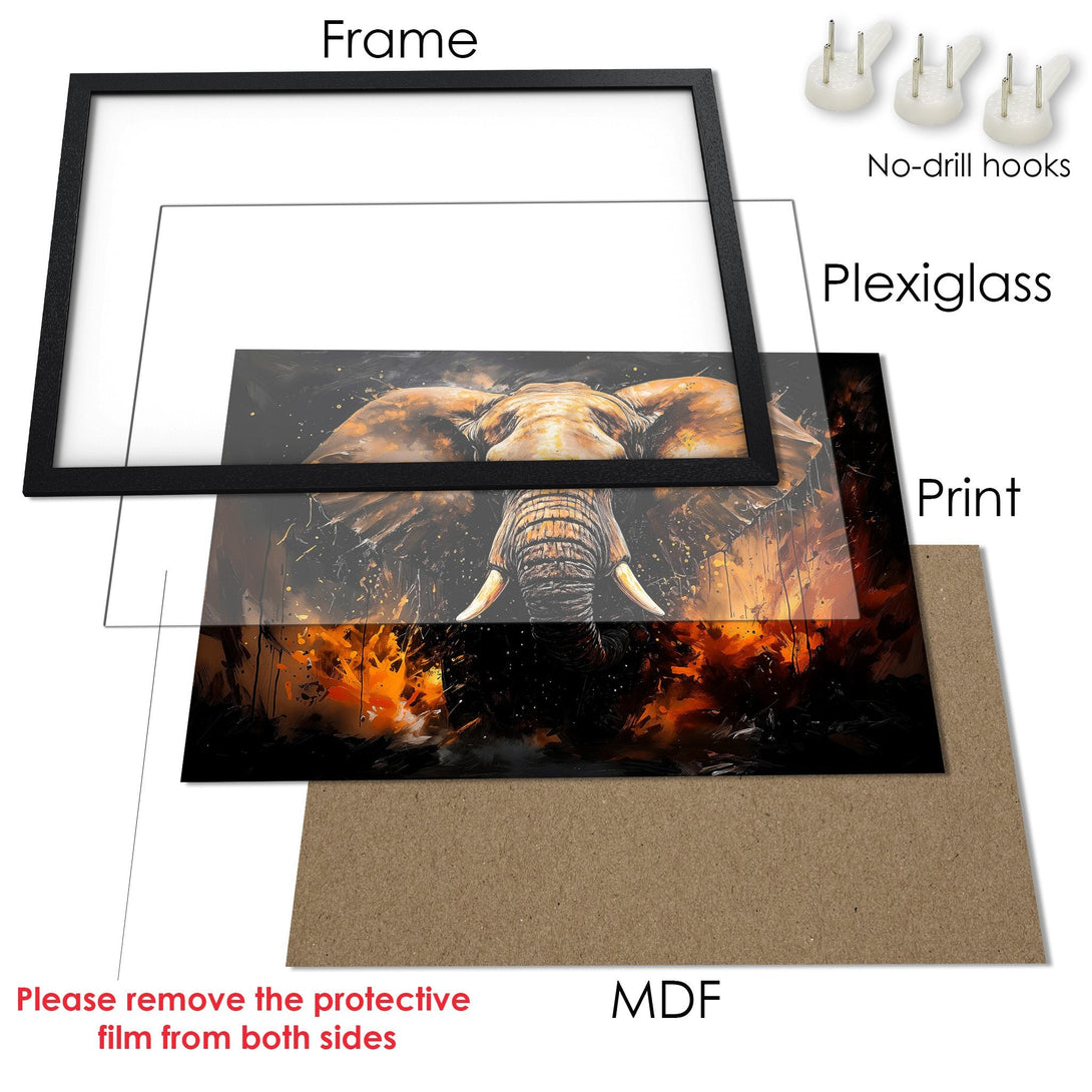 Framed Poster featuring an elephant art print in warm orange and black tones. Perfect wall decor!