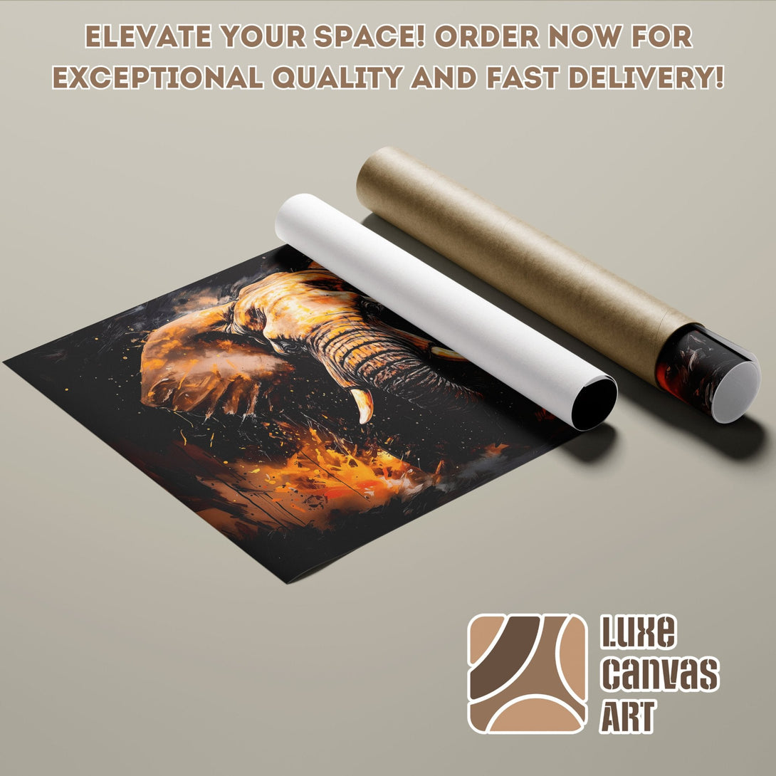 Elephant art poster roll, abstract style, warm orange and black color palette. Elevate your space!