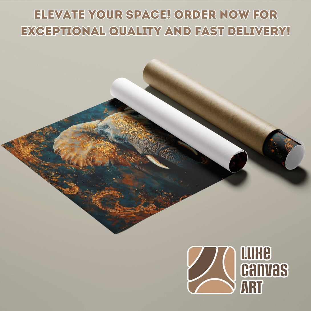 Elephant art poster roll in teal and gold, perfect wall decor.