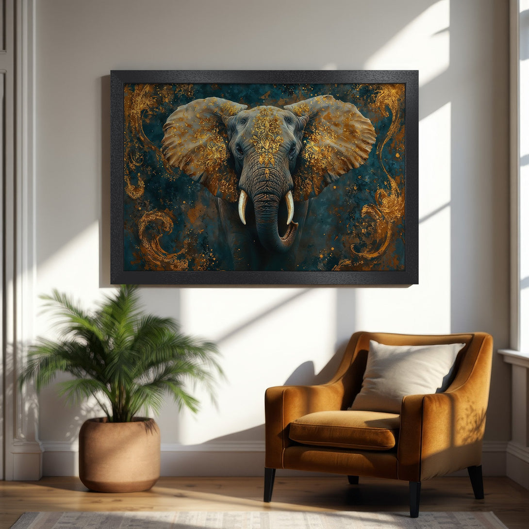 Framed Poster featuring an elephant in gold and teal. Stunning art print to elevate your home decor.