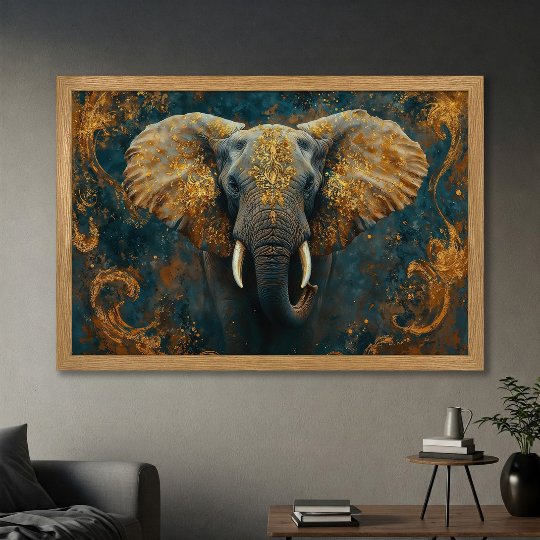 Framed Poster featuring an elephant in an artistic style with gold accents and a teal and gold color palette. Add a touch of elegance to your space!