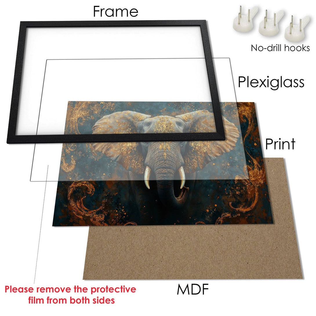 Framed Poster featuring an elephant in a gold and teal abstract style. Transform your space with this stunning art print!
