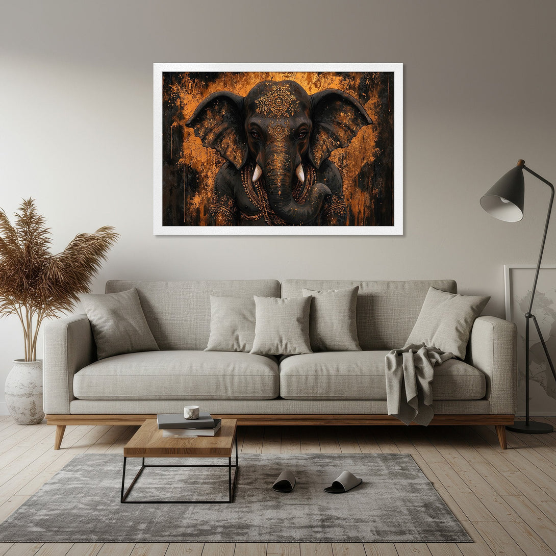 Framed Poster featuring an ornate elephant in a modern, abstract style with a gold and black color palette. Elevate your space!
