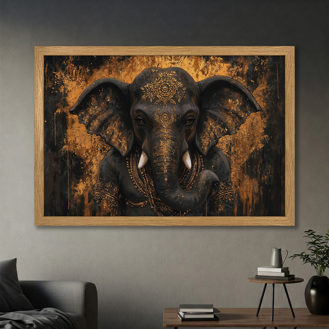 Framed Poster featuring an elegant elephant artwork in black and gold. Perfect wall art for a stylish home.
