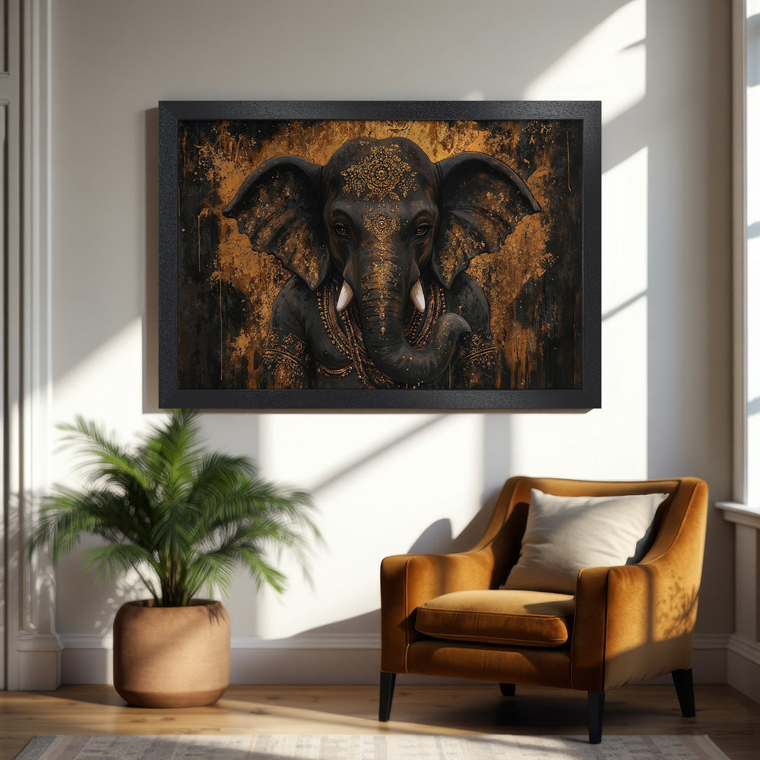 Framed Poster featuring an elegant elephant in a gold and black abstract style. Perfect wall art for any room!
