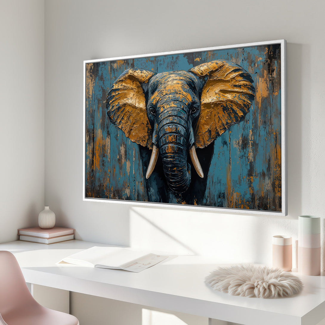 Framed Wall Art: Stunning elephant portrait canvas print in teal, gold, and black. Modern, textured artwork for your home decor.