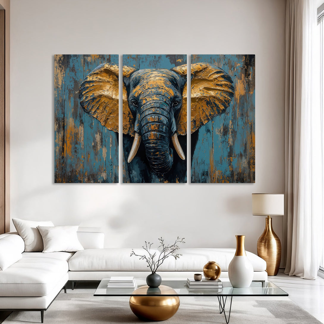 Canvas Print of an elephant head in a textured, abstract style with blue and gold tones. Adds a touch of modern art to any space!