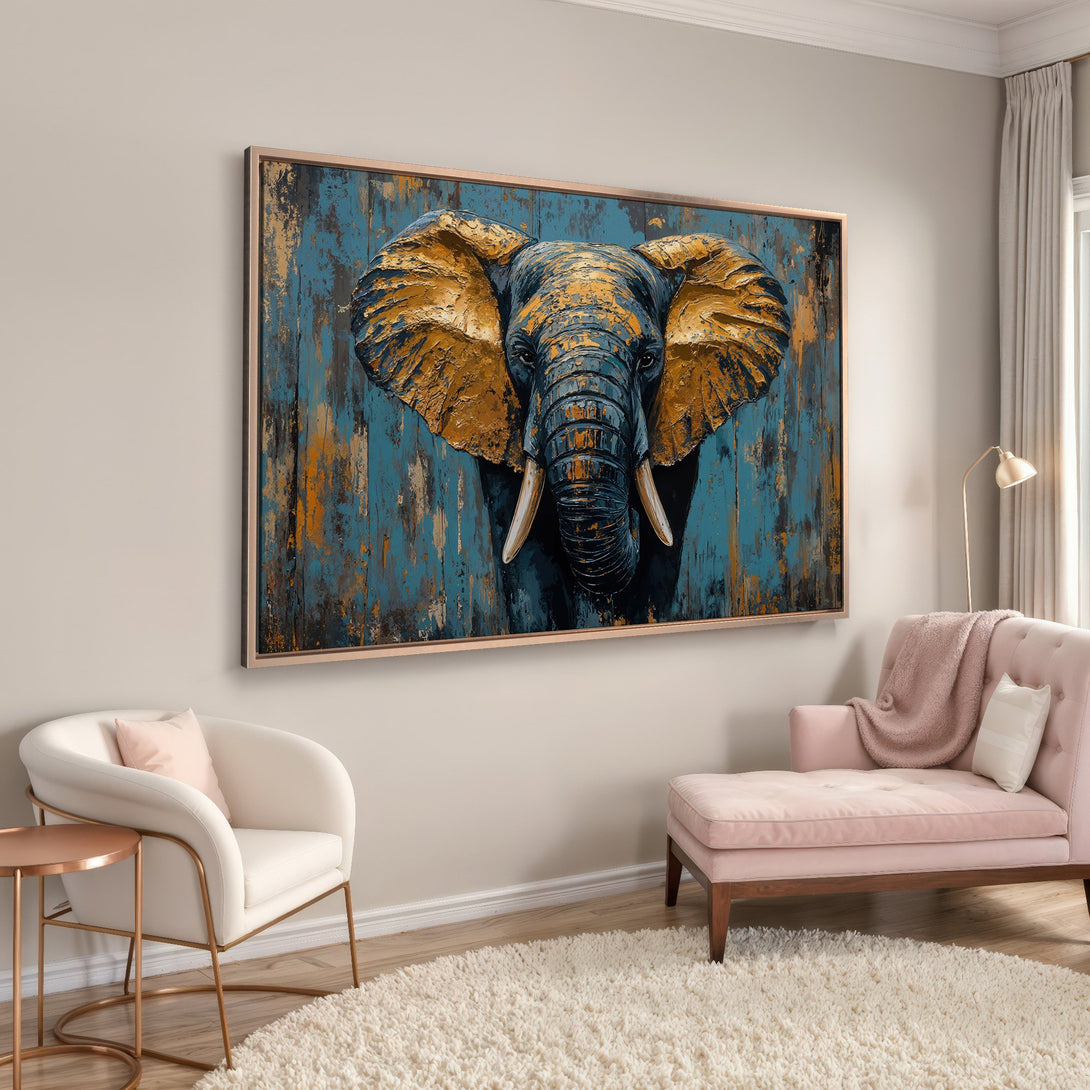 Framed Wall Art: Abstract elephant portrait in blue, gold, and black. Modern canvas print adds a bold statement to any room. Shop now!