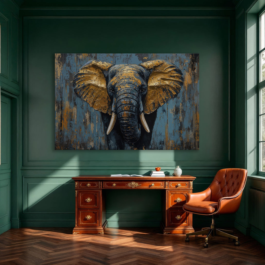 Framed Wall Art: Majestic elephant portrait in blue and gold hues. Elevate your space with this stunning canvas print, perfect for modern decor.