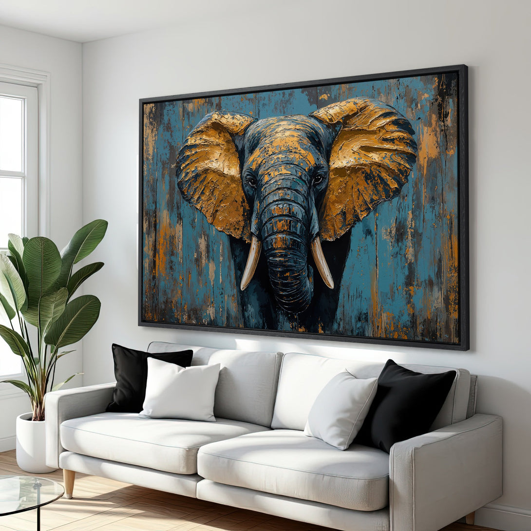 Framed Wall Art: Abstract elephant portrait in teal, gold, and black. Modern canvas print adds bold style to any interior. Shop now!