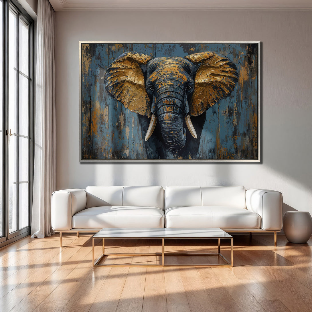 Framed Wall Art: Majestic elephant portrait in blue, gold, and black, displayed in a modern living room. Elevate your space with stunning animal art.