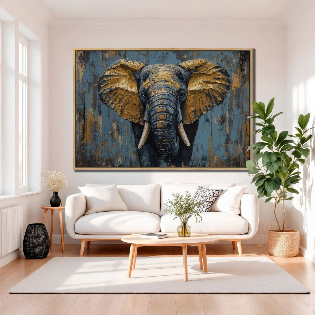 Framed Wall Art: Stunning elephant portrait in gold and blue tones. Elevate your space with this captivating canvas print. Perfect for modern decor!