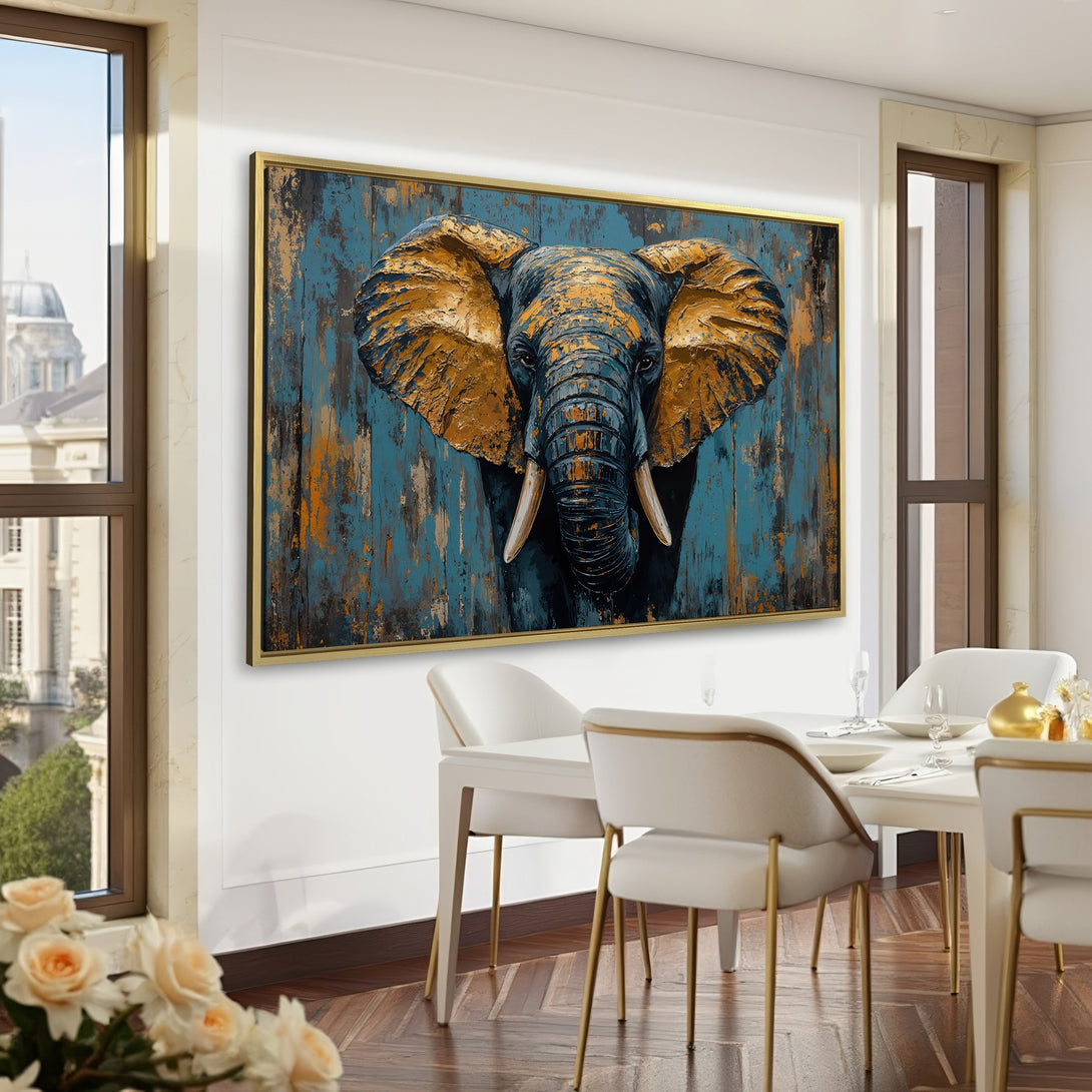 Canvas Print of an elephant in a textured, abstract style with gold and blue tones. Perfect for adding a touch of luxury to any room.