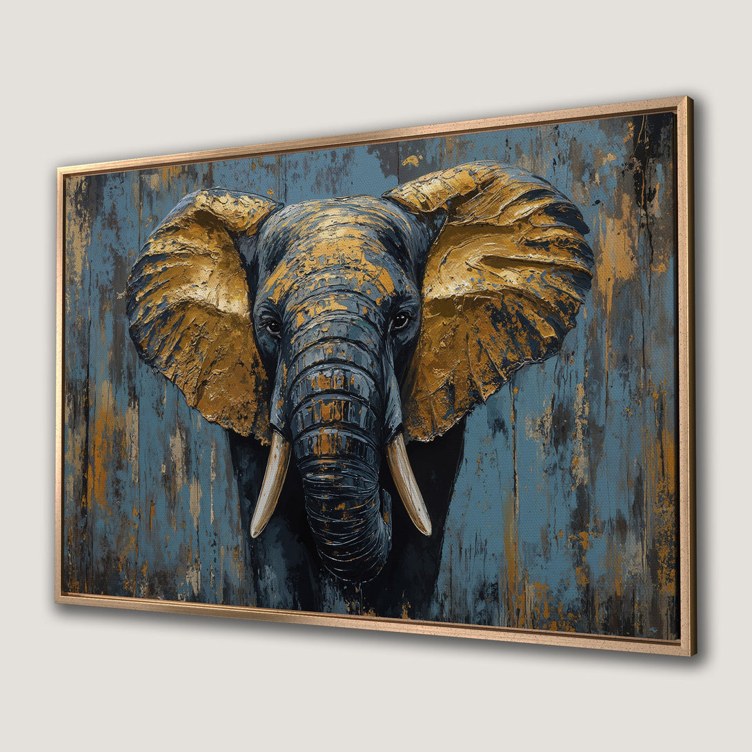 Framed Wall Art: Majestic elephant portrait in textured, gold and blue tones. Add a touch of wild beauty to your home decor!
